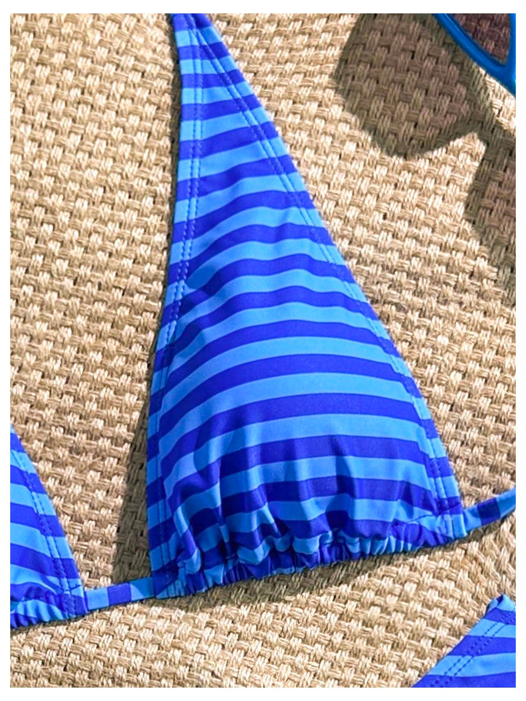 WDIRARA Women's Striped Bikini Sets Halter Thong Swimsuit 2 Piece Bathing Suit Blue Small