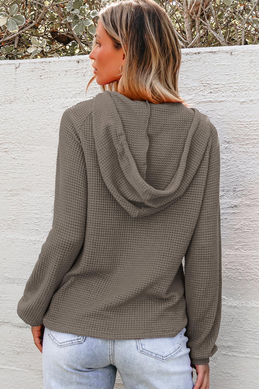 Dokotoo Womens Sweatshirt Fashion Outfits Fall Clothes 2025 Oversized Hoodies Sweatshirts Waffle Knit Drawstring Button V Neck Long Sleeve Sweater Casual Loose Solid Color Hooded Tops Grey Large