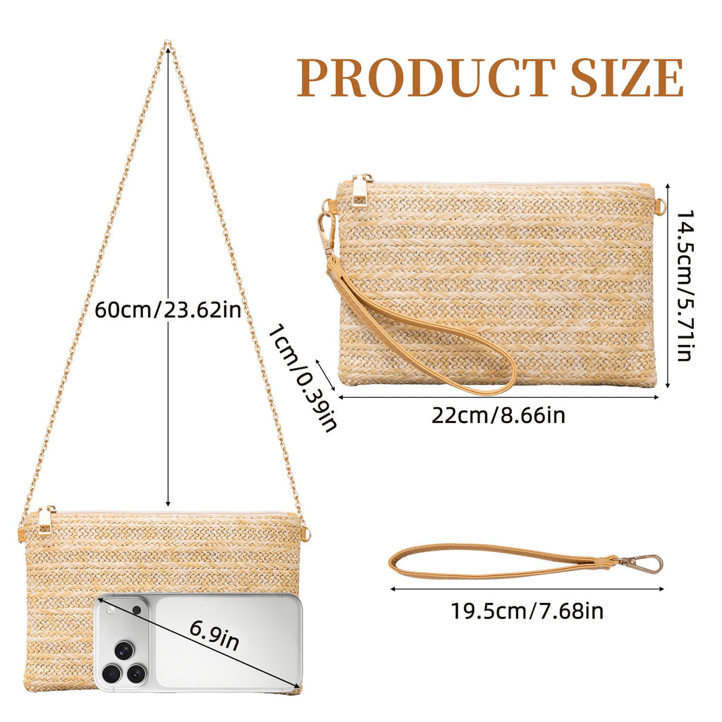 Larcenciel Straw Clutch Purses for Women w/Wrist Strap, Beige Woven Beach Purse & Chain Zipper, Boho Evening Wristlet Wallet, Summer Shoulder Crossbody Bag for Wedding Prom Vacation,8.6x5.7x0.4in