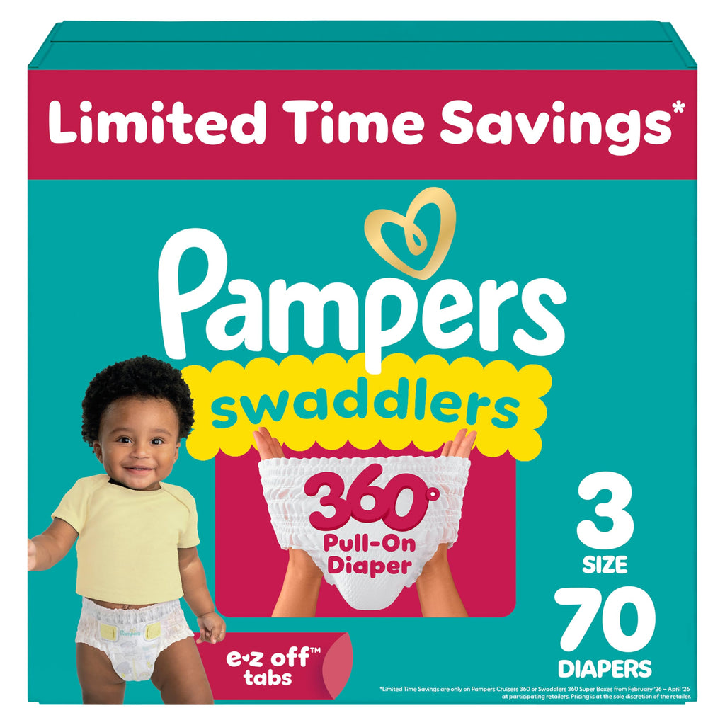 Pampers Diapers - Swaddlers 360° - Size 3, 70 Count, up to 100% Leakproof Comfy Dry Fit, Designed for Easy Changes, Pull On Baby Diaper (Packaging May Vary)