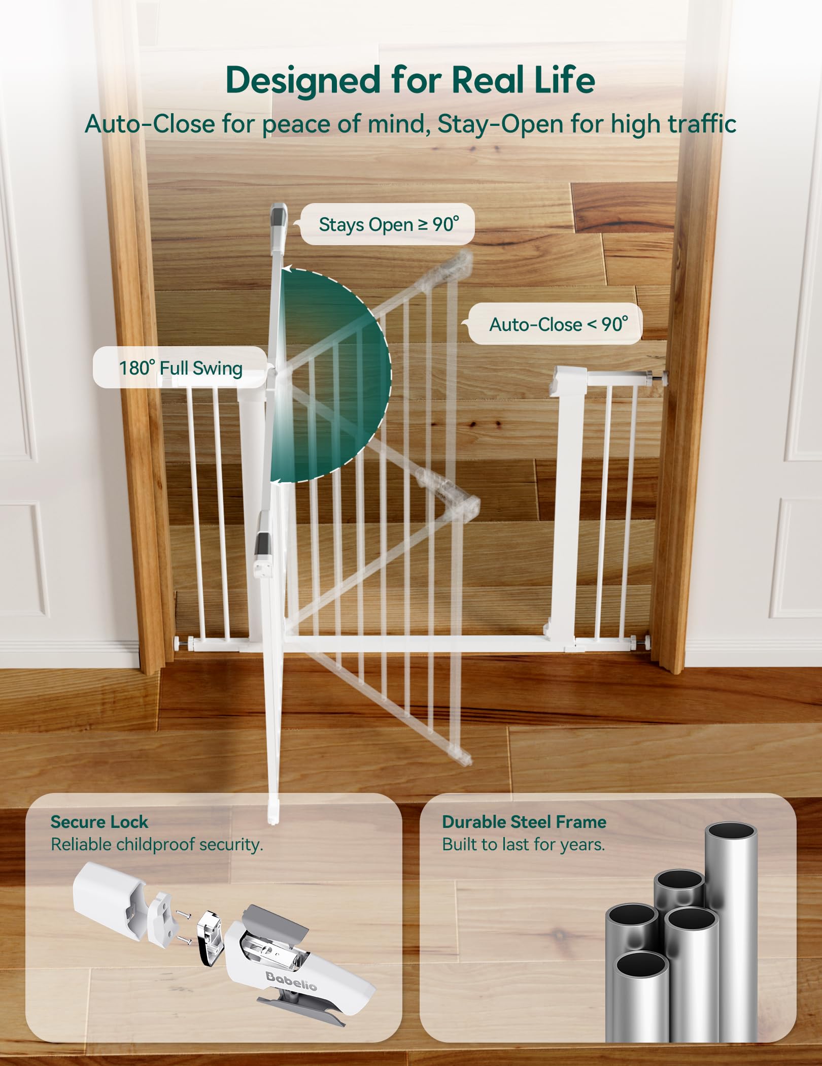 Babelio 29-55 Inch Extra Wide Baby/Dog Gate, PressGuard P7, Metal Auto Close, Pressure Mounted Pet Door for Doorways, NO Need Tools and Drilling, with Wall Cups, White