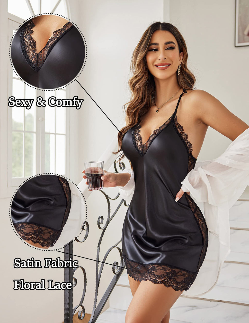 Avidlove Women's Slips Lingerie Nightgown Satin Lace Chemise Sexy Sleepwear S-4XL (Medium, Black)