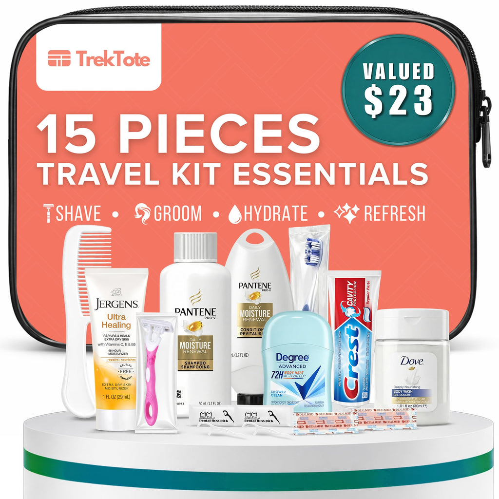 TrekTote 15 Piece Set Women’s Travel & Hygiene Kit with Clear Toiletry Bag, Personal Care Essentials, Single Kit or Bulk Case Packs, TSA Approved Toiletry Kit for Travel, Vacation, Everyday Essentials