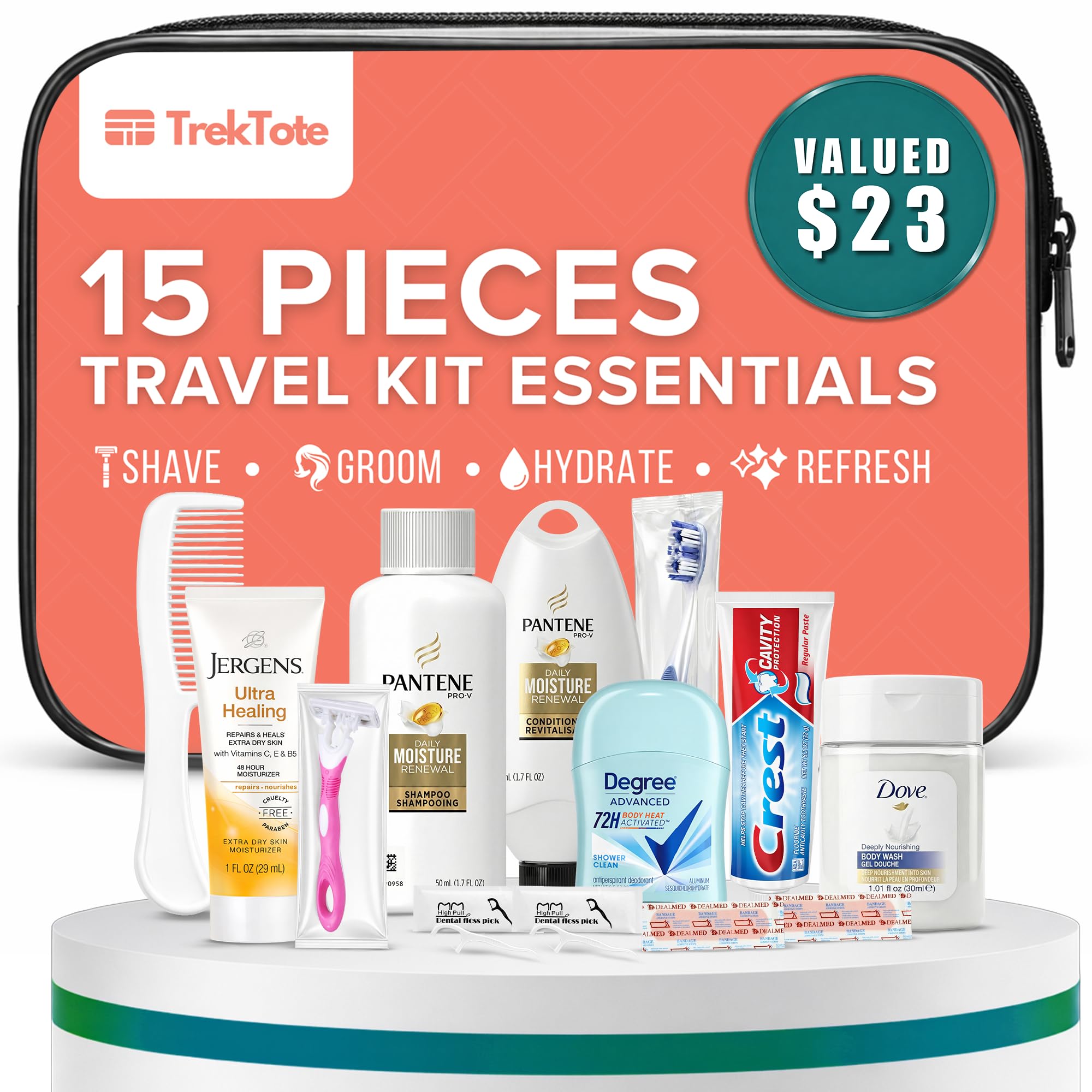 TrekTote 15 Piece Set Women’s Travel & Hygiene Kit with Clear Toiletry Bag, Personal Care Essentials, Single Kit or Bulk Case Packs, TSA Approved Toiletry Kit for Travel, Vacation, Everyday Essentials