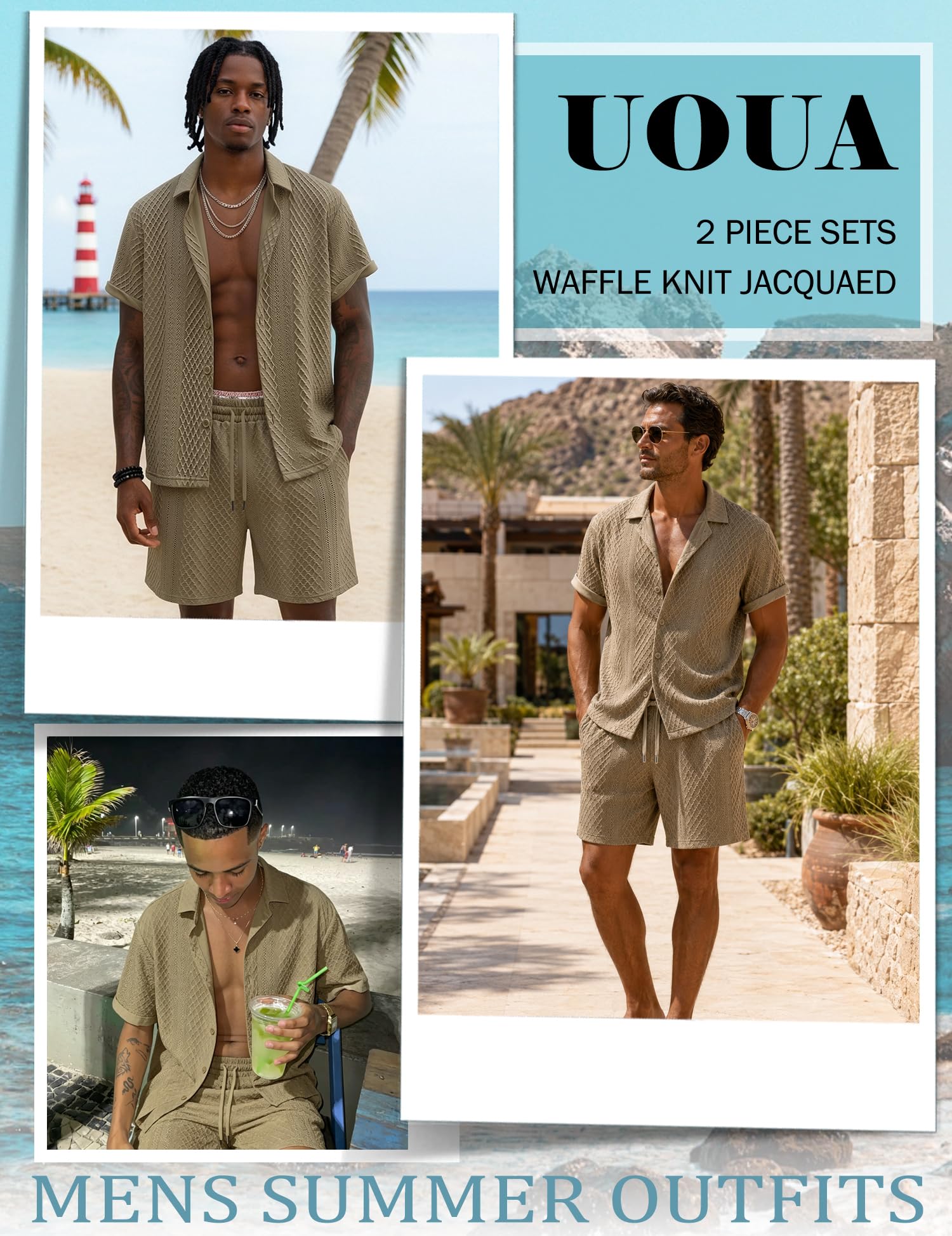UOUA Mens Summer Outfits Waffle Knit 2 Piece Short Sets Casual Button Down Shirt & Shorts Khaki （M-3XL）