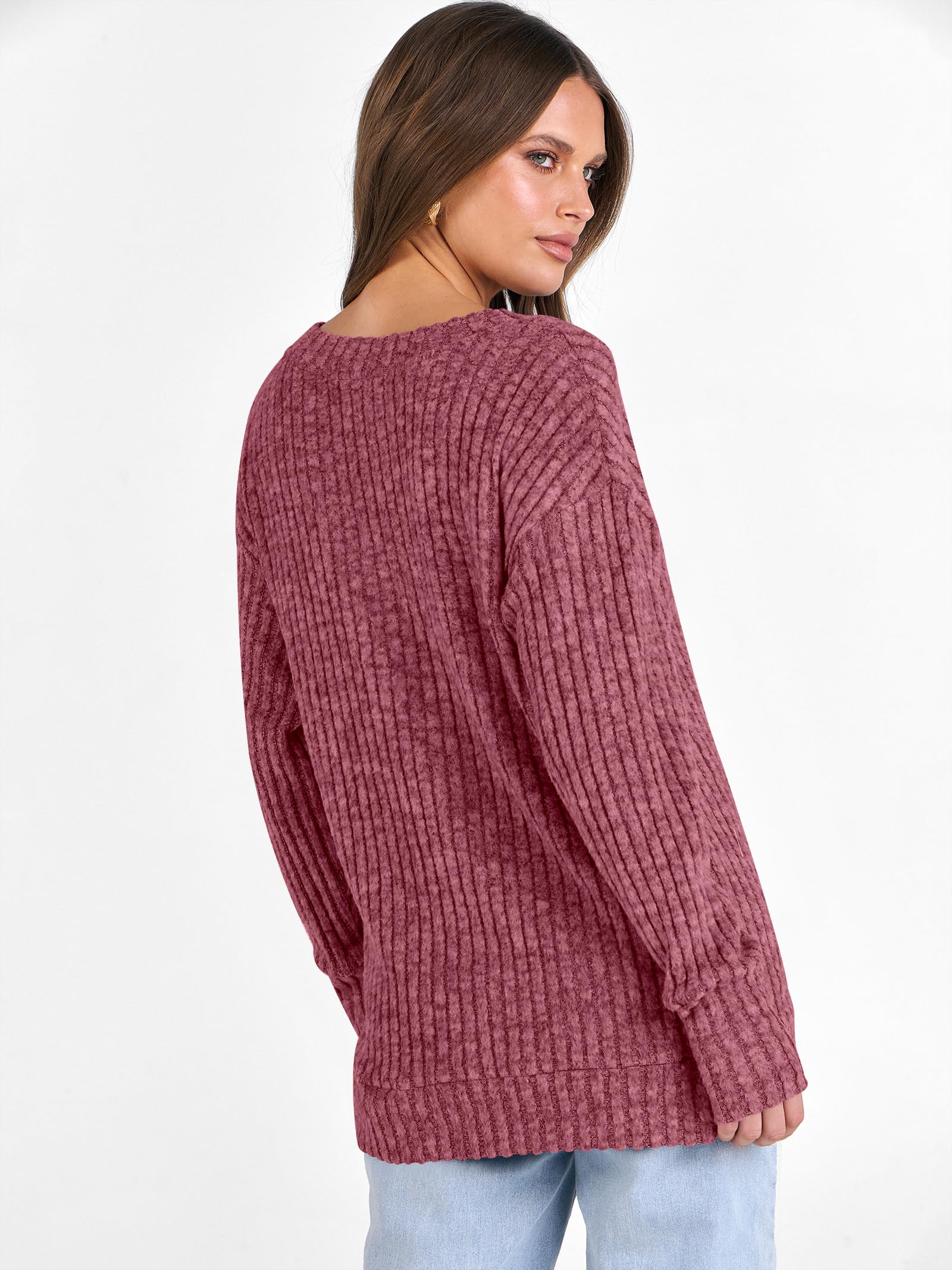 ANRABESS Long Sleeve Shirts for Women V Neck Casual Fall Tops Loose Fit Lightweight Sweaters Tunic Fashion 2025 Clothes Red Medium
