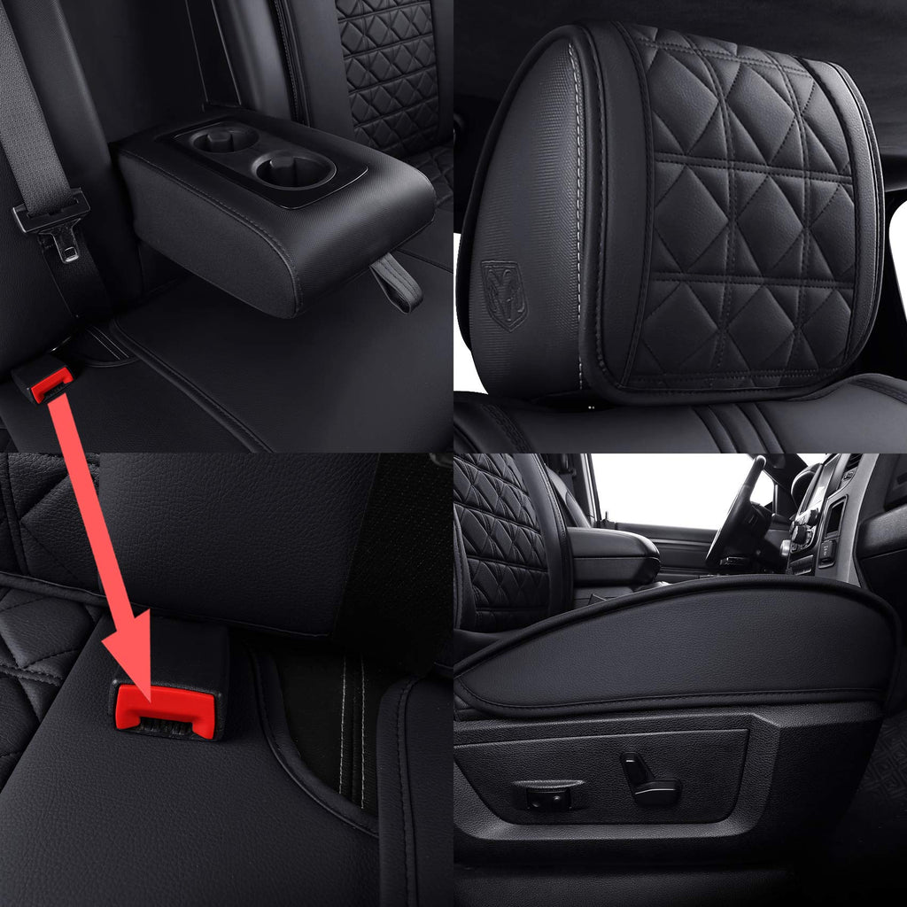 YIERTAI Dodge RAM Seat Covers Fit for 2009-2025 2026 1500HD 2010-2026 2500/3500HD Truck Full Set Crew Double Cab Quad Cab Waterproof Faux Leather Seat Covers(5 PCS Full Set/Black)