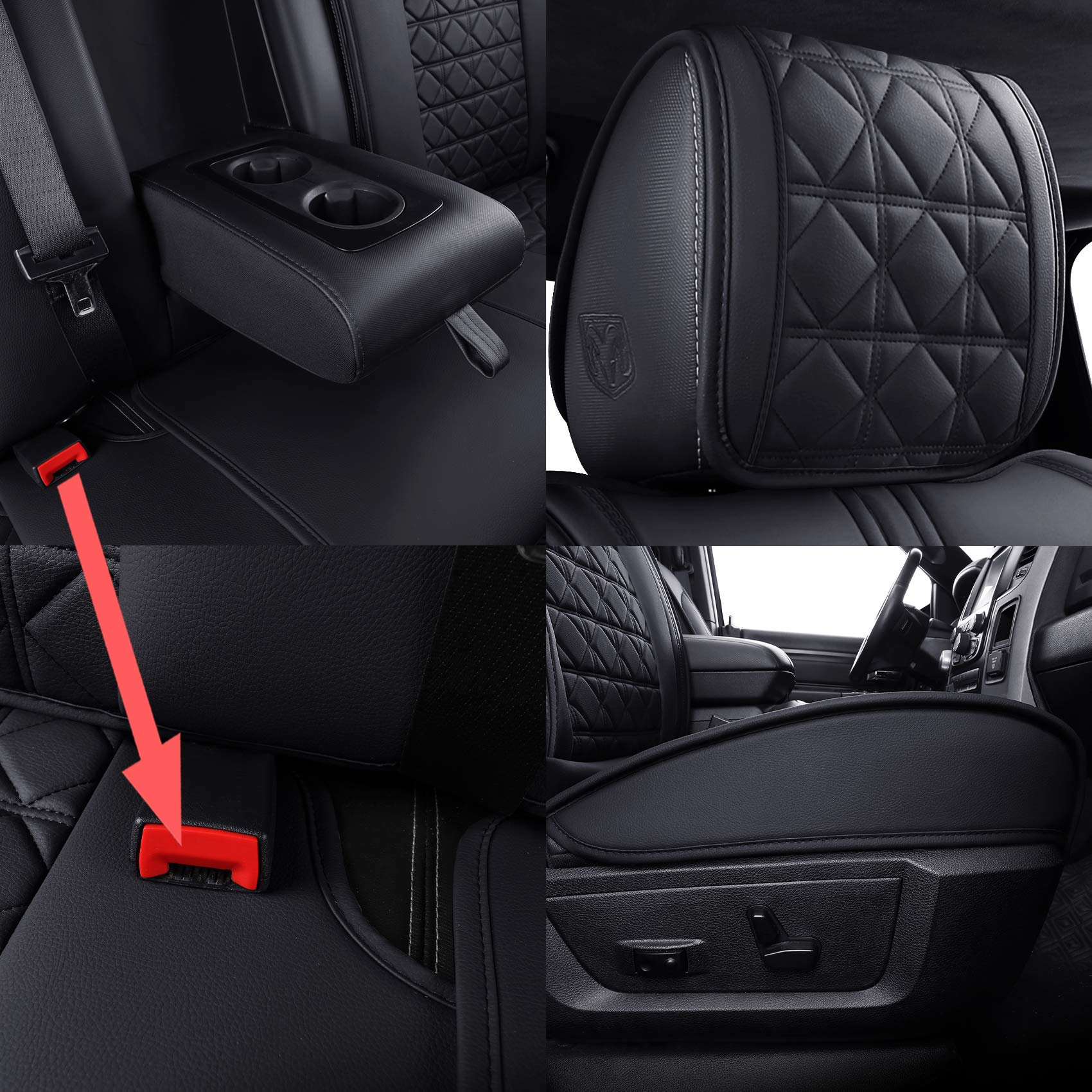 YIERTAI Dodge RAM Seat Covers Fit for 2009-2025 2026 1500HD 2010-2026 2500/3500HD Truck Full Set Crew Double Cab Quad Cab Waterproof Faux Leather Seat Covers(5 PCS Full Set/Black)