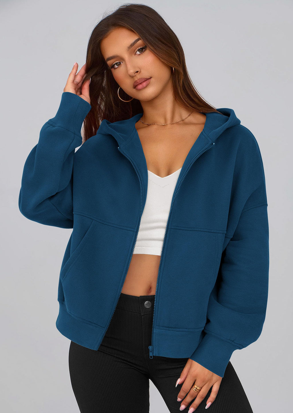 PRETTYGARDEN Women's Zip Up Y2K Hoodies 2026 Fall Fashion Long Sleeve Hooded Fleece Sweatshirts Casual Jacket Winter Clothes (Dark Blue,Medium)