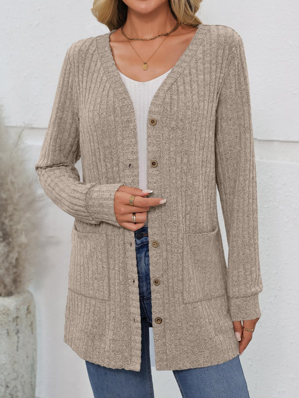 AUTOMET Women Long Cardigan Sweater Fall Lightweight Outfit Chunky 2026 Button Up Clothes with Pocket Coat Trendy Fashion Khaki L