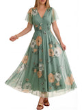 ANRABESS Women Summer Floral Maxi Dress Short Sleeve Boho Flowy Tulle Beach Vacation Wedding Guest 2026 Party Long Dresses Dusty Olive Floral Medium