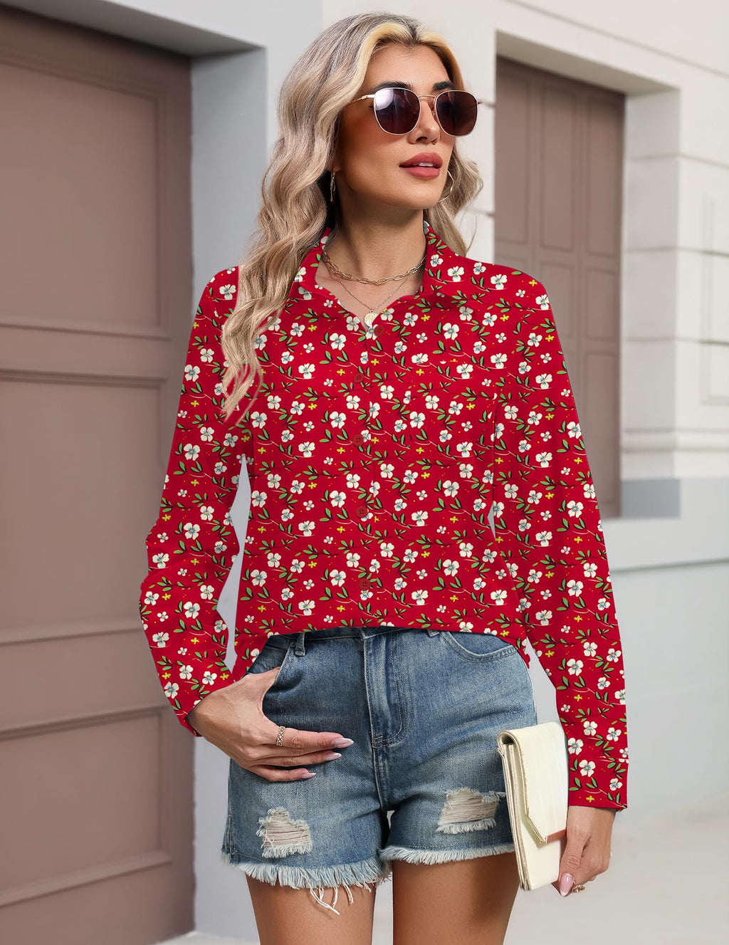 HOTOUCH Button Down Shirts for Women Red Floral Dressy Tops Long Sleeve Casual Blouses Spring Fashion S