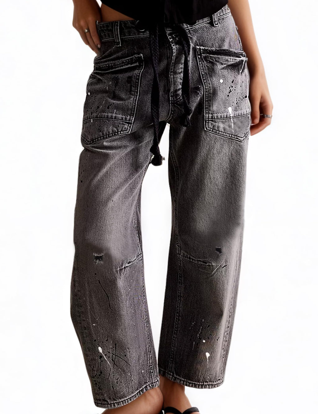 Mewunan Womens Pull-On Barrel Jeans Mid-Low Rise Boyfriend Drawstring Ankle Baggy Elastic Waist Stretchy Boho Denim Pants