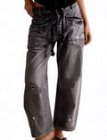 Mewunan Womens Pull-On Barrel Jeans Mid-Low Rise Boyfriend Drawstring Ankle Baggy Elastic Waist Stretchy Boho Denim Pants