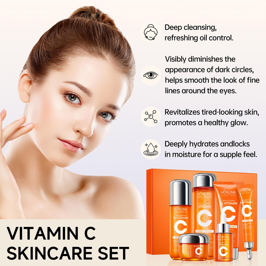 6-Piece Hydrating Skincare Set with Vitamin C & Niacinamide, Face Care Kit Includes Toner, Serum, Cleanser, Moisturizer, Eye Cream & Body Lotion | Valentine’s Day Gift for Women