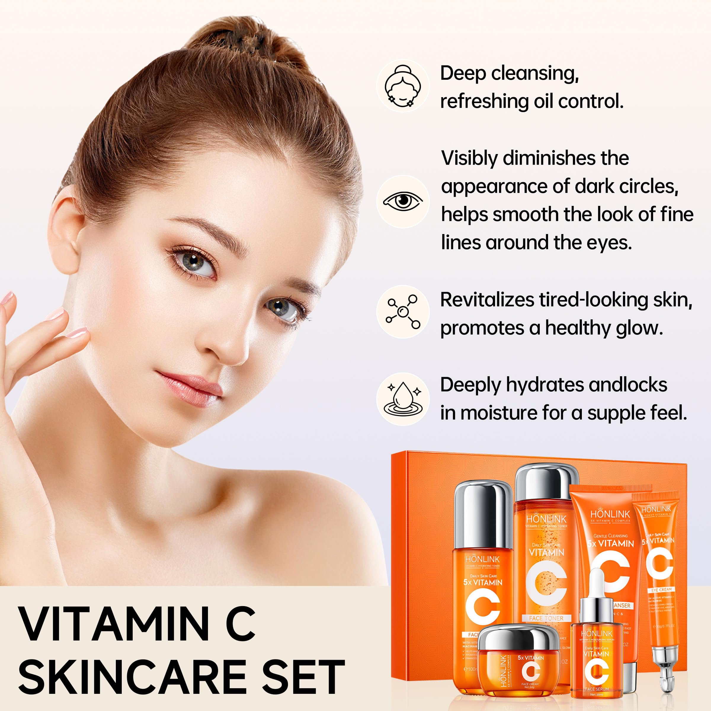6-Piece Hydrating Skincare Set with Vitamin C & Niacinamide, Face Care Kit Includes Toner, Serum, Cleanser, Moisturizer, Eye Cream & Body Lotion | Valentine’s Day Gift for Women