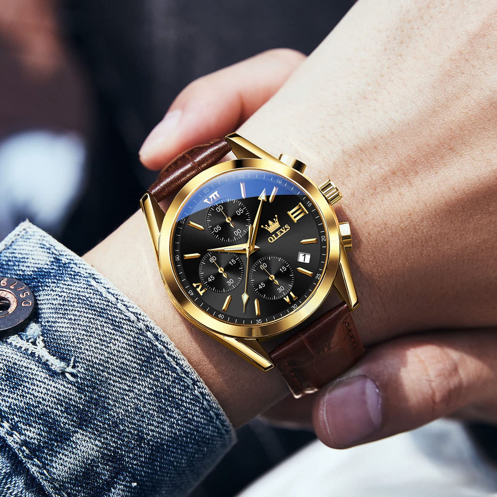 OLEVS Men's Round Watches with Leather Band Auto Date Quartz Watches for Men Black Dial Roman Number Men's Chronograph Watch Rose Gold Bezel Three Hands Classic Mens Sports Wristwatch Reloj De Hombre
