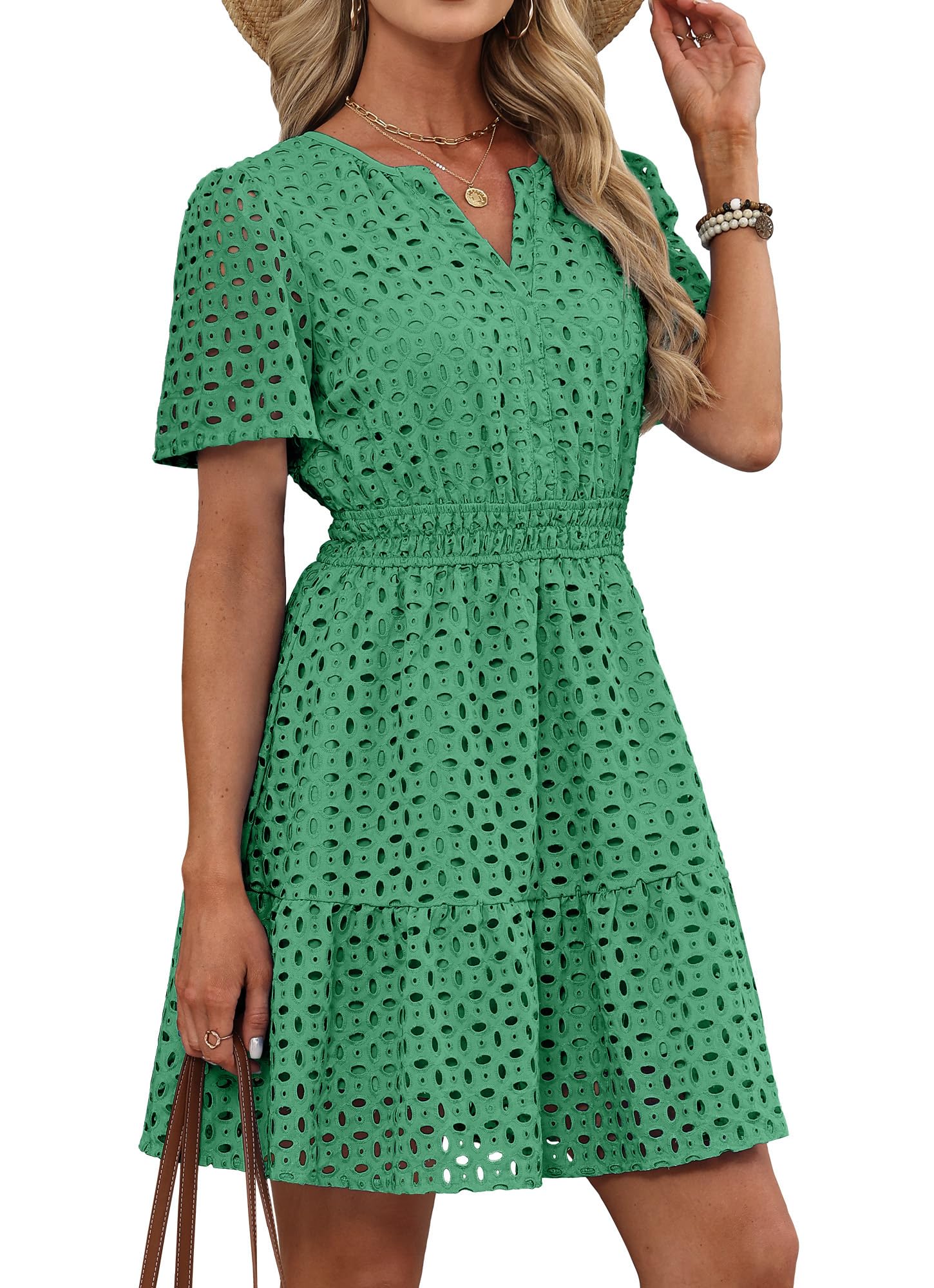 RUMIA Summer Dresses for Women 2026 V Neck Eyelet A Line Graduation Beach Wedding Guest Spring Dress Green Medium
