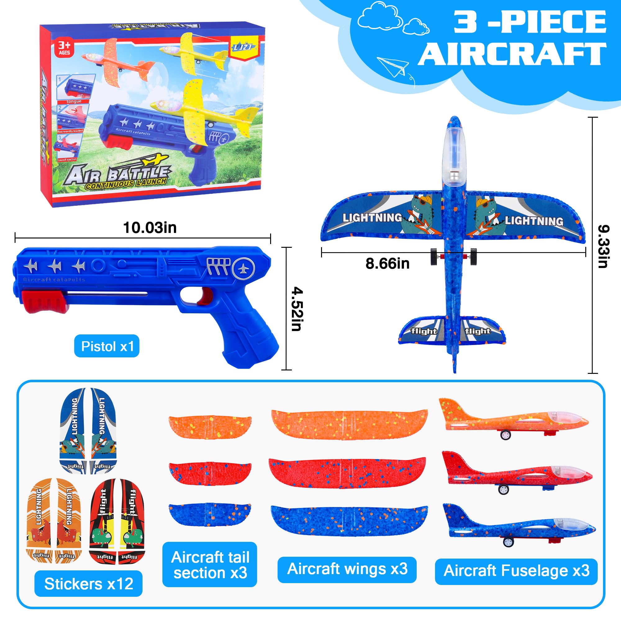 LJZJ 3 Pack Airplane Launcher Toys, 2 Flight Modes LED Foam Glider Catapult Plane, Outdoor Flying Toy for Kids, Birthday Gifts for Boy Girl 3+ Year Old, B-Day Party Supplies