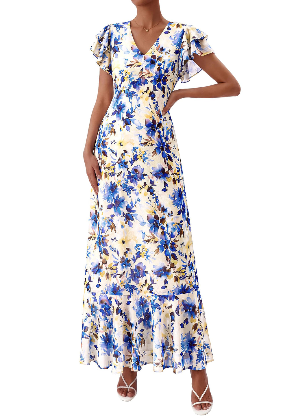 PRETTYGARDEN Floral Dress for Women 2026 Summer Boho Ruffle Flowy Cocktail Beach Spring Wedding Guest Maxi Long Dresses(Floral Beige Blue,Large)