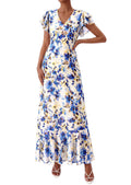PRETTYGARDEN Floral Dress for Women 2026 Summer Boho Ruffle Flowy Cocktail Beach Spring Wedding Guest Maxi Long Dresses(Floral Beige Blue,Large)