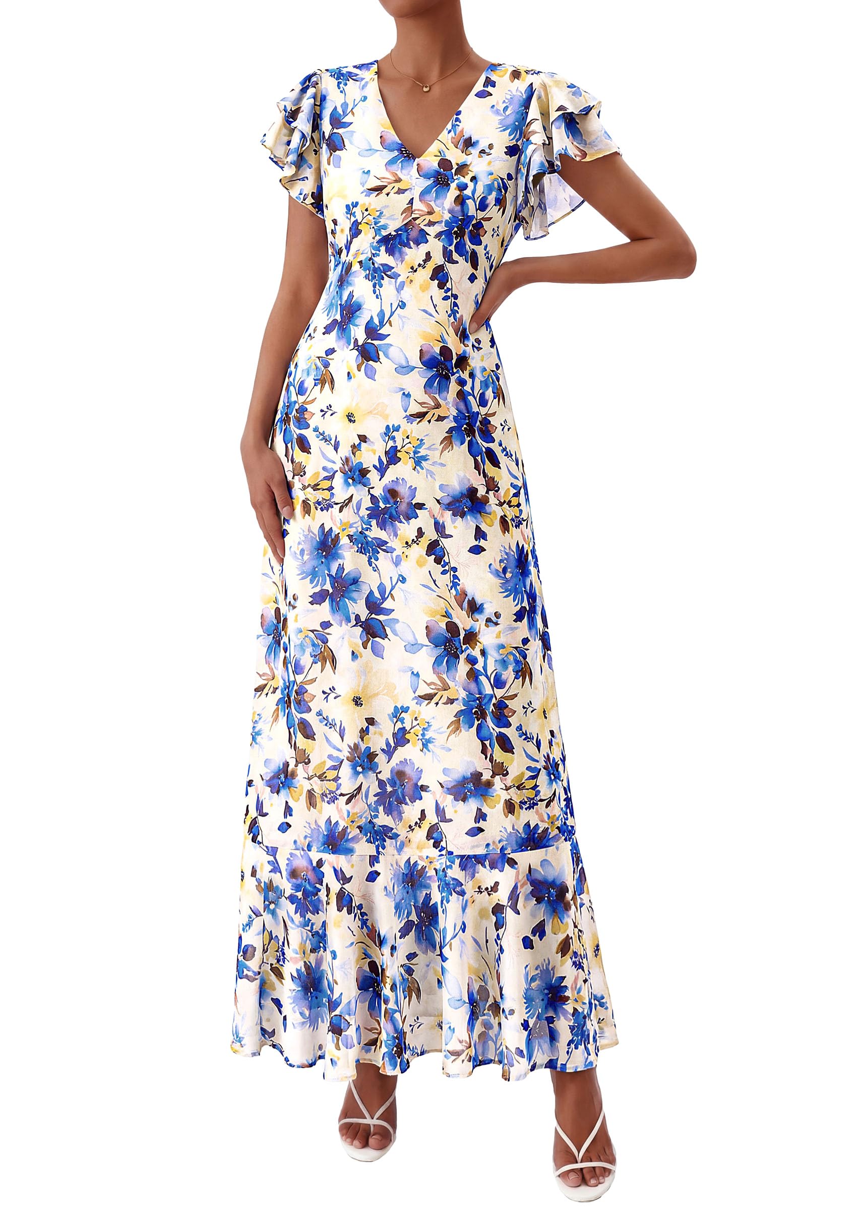 PRETTYGARDEN Floral Dress for Women 2026 Summer Boho Ruffle Flowy Cocktail Beach Spring Wedding Guest Maxi Long Dresses(Floral Beige Blue,Large)