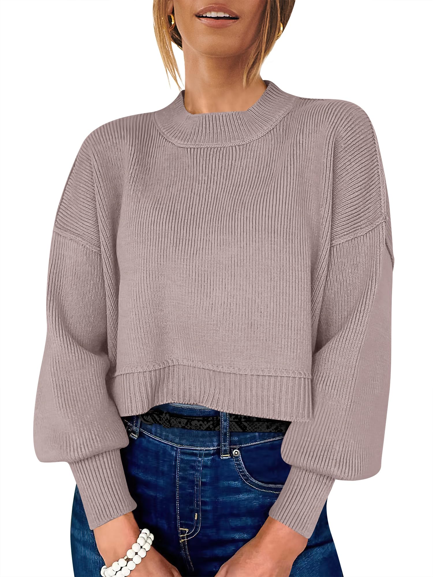 ANRABESS Womens Cropped Sweaters Oversized Crewneck Long Batwing Sleeve Side Slit Ribbed Knit Pullover Tops 2025 Fall Clothes Medium