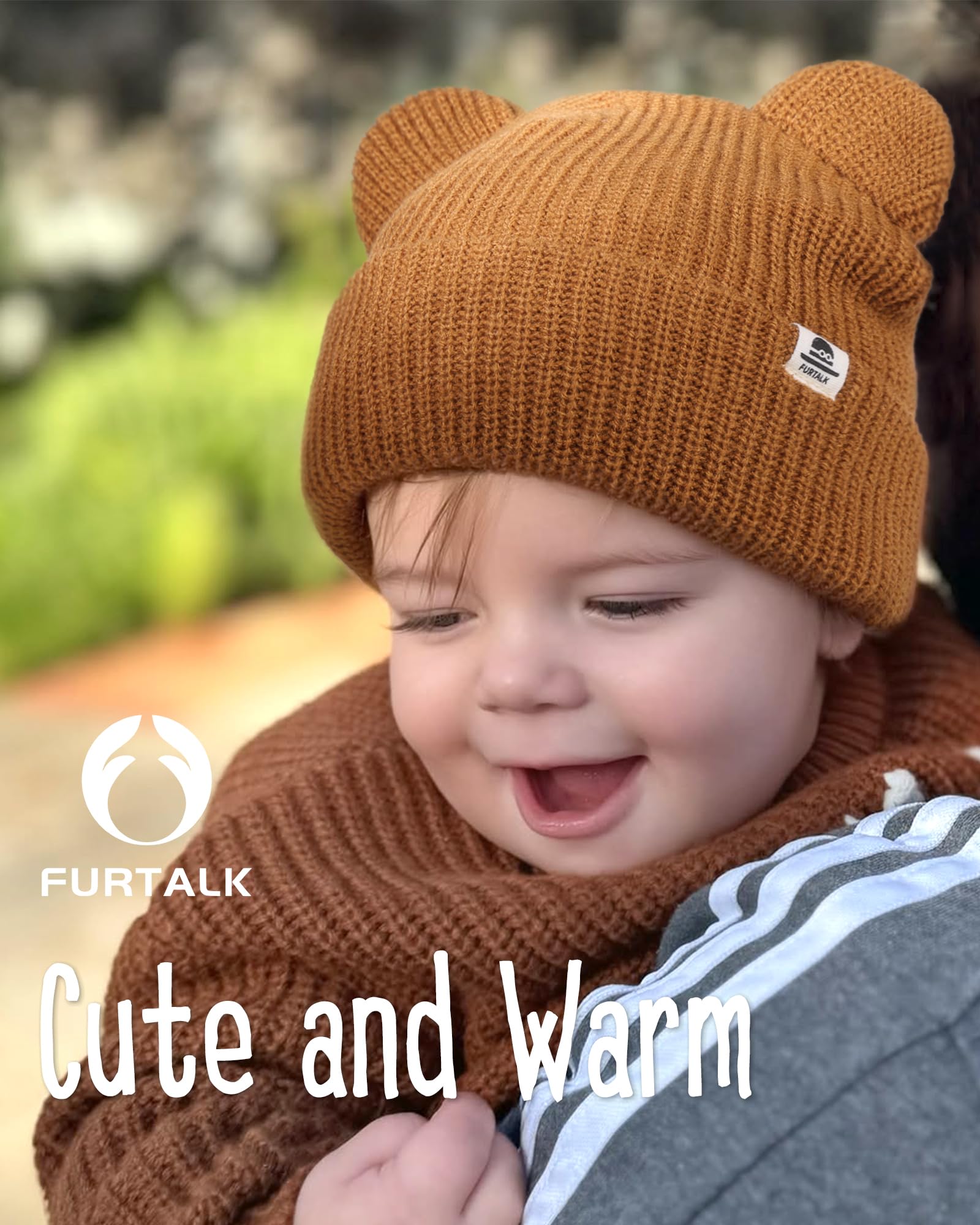 FURTALK Baby Beanie Winter Hat with Bear Ear for Infant Toddler Boys Girls Soft Knitted Skull Cap Black+Beige+Caramel 0-6 Months