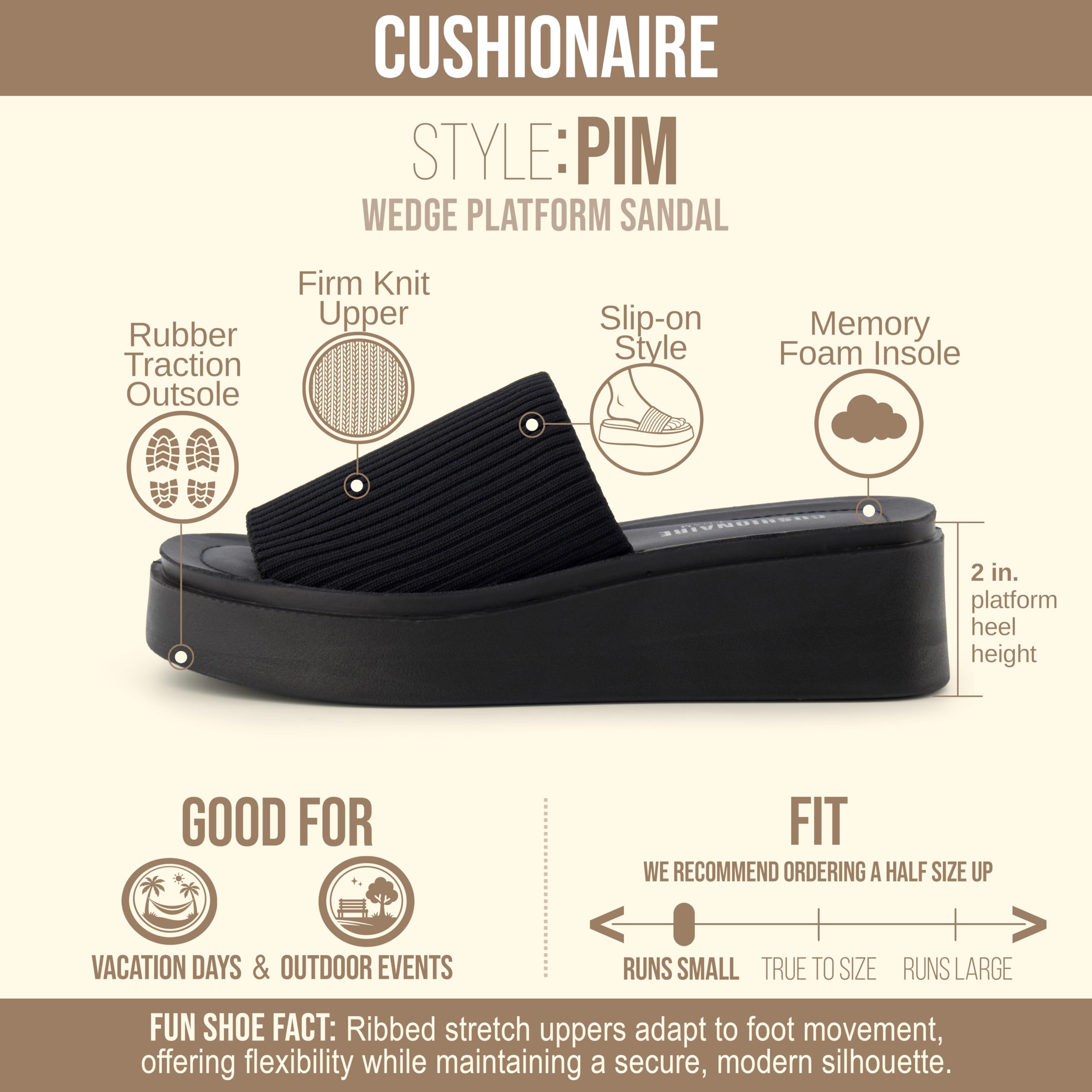 CUSHIONAIRE Pim Wedge Chunky Platform Womens Sandals with Firm Knit Upper & Memory Foam Summer Sandals for Women 2026, BLACK 7