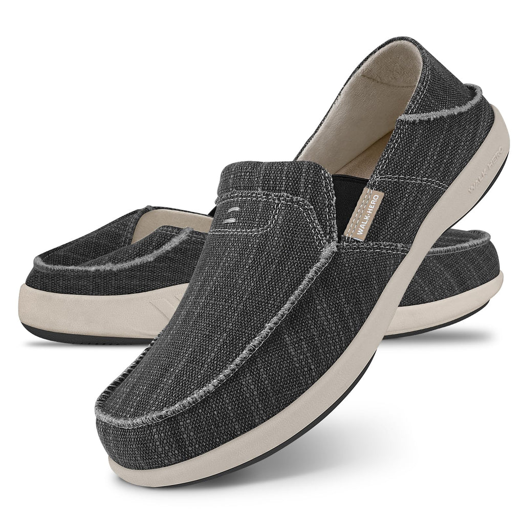 Mens Slip On Shoes, Canvas Mens Loafers with Arch Support, Orthopedic Mens Boat Shoes for Plantar Fasciitis, Indoor & Outdoor Walking Slippers Shoes for Pain Relief (9.5, Black)