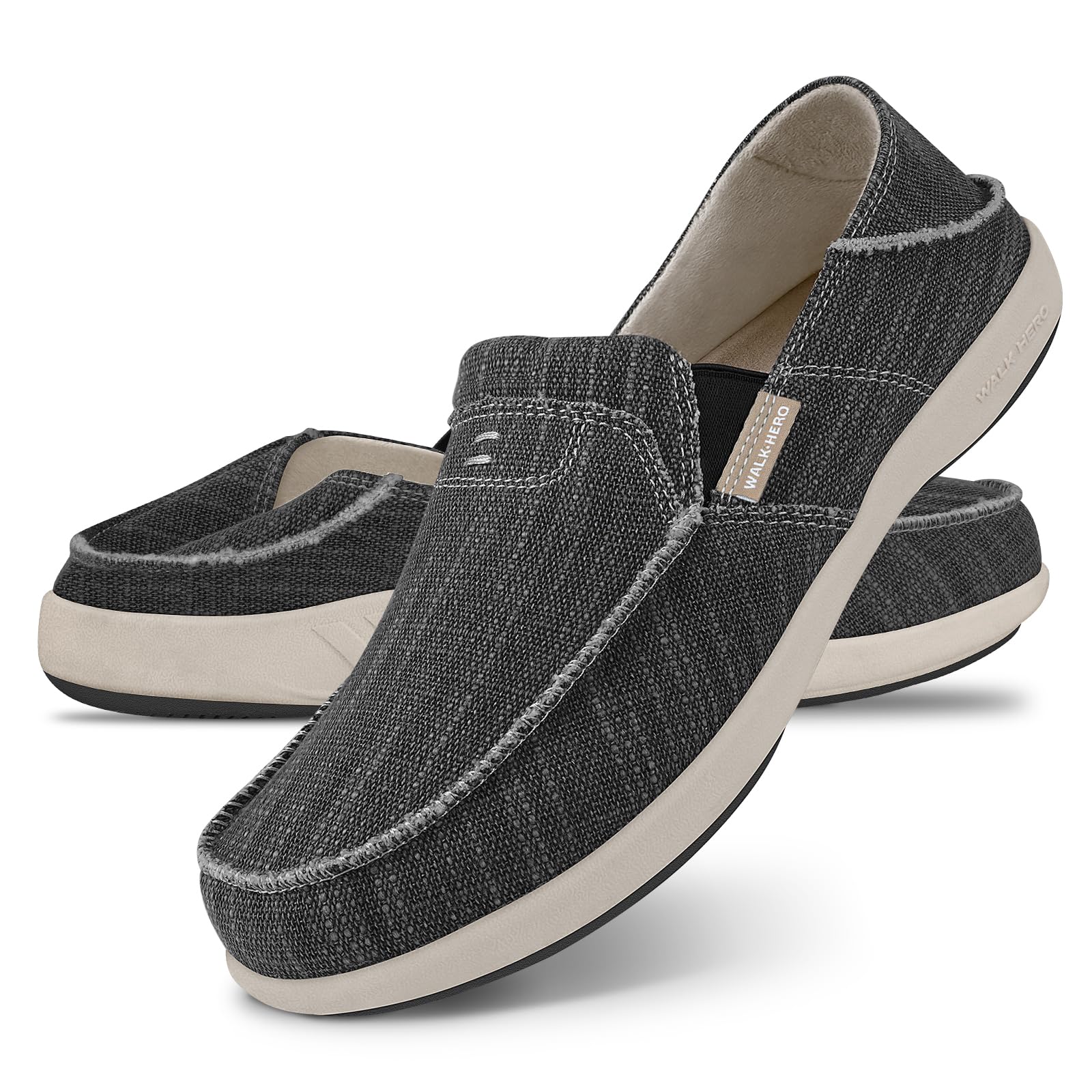 Mens Slip On Shoes, Canvas Mens Loafers with Arch Support, Orthopedic Mens Boat Shoes for Plantar Fasciitis, Indoor & Outdoor Walking Slippers Shoes for Pain Relief (9.5, Black)