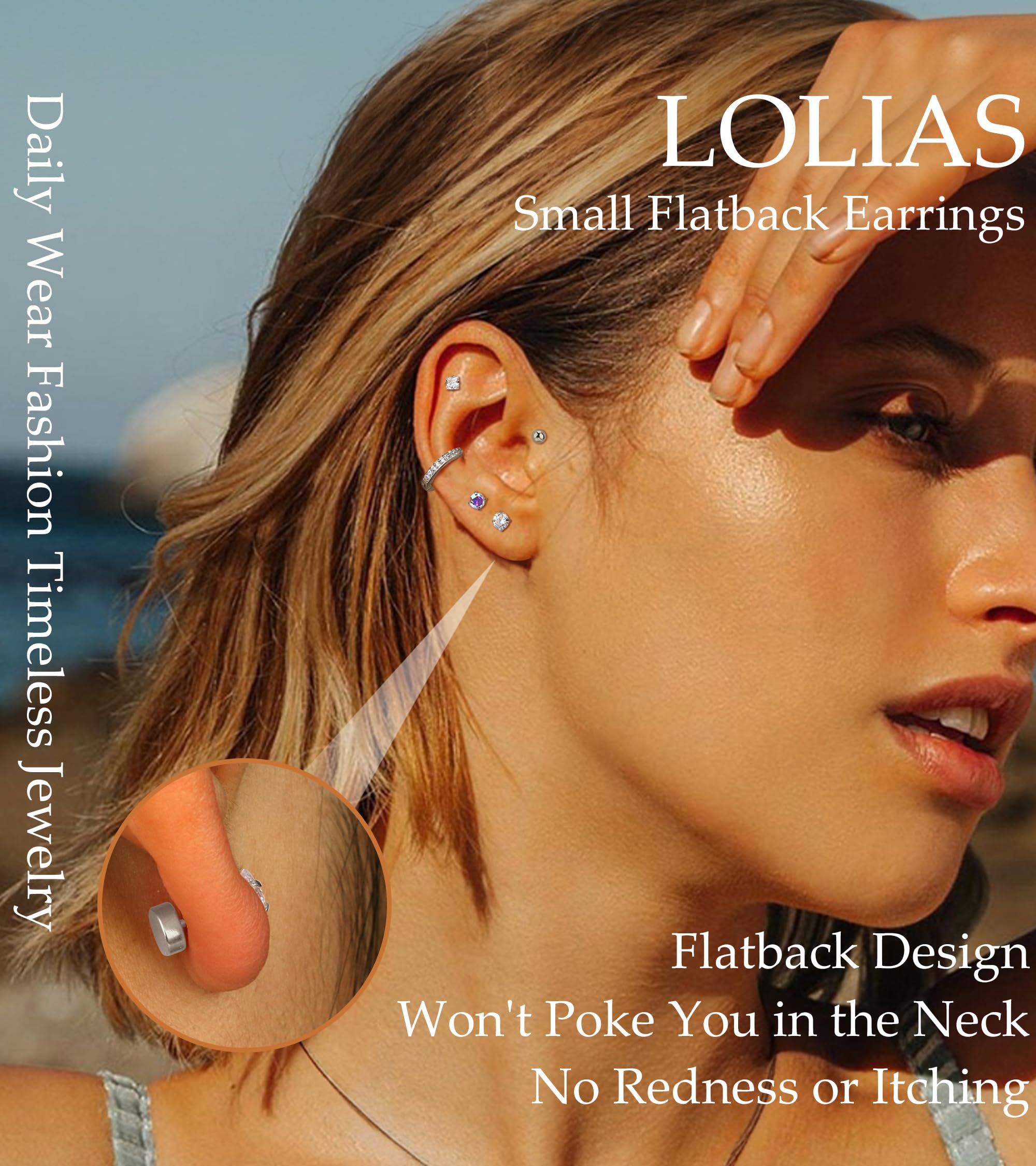 LOLIAS Hypoallergenic Surgical Steel Earrings for Sensitive Ears-Flat Back Earrings for Women Men 20G Small Stainless Steel Flatback Stud Hoop Cartilage Earring Stacks for Multiple Piercing Silver
