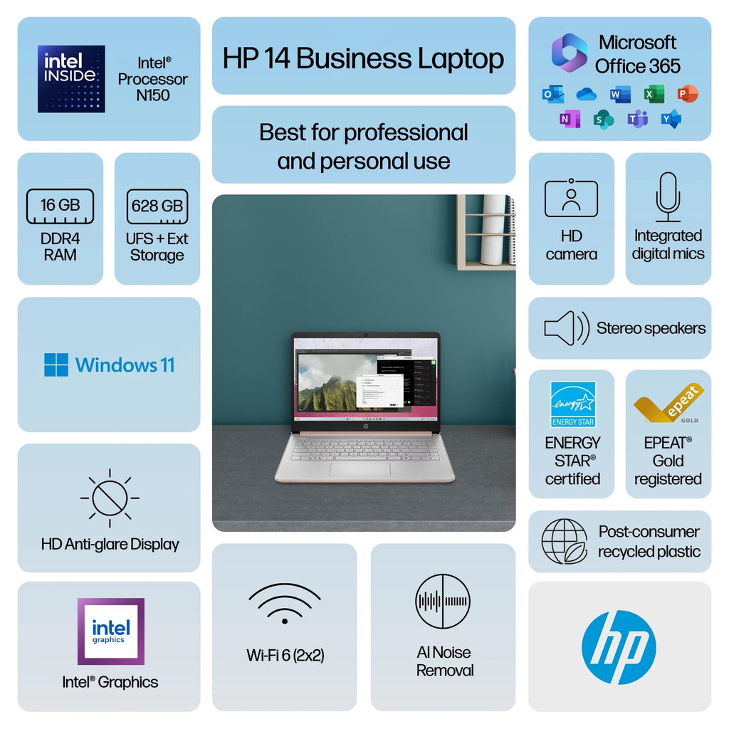HP 14 Laptop Computer 2025 Ultra Light, AI Copilot Student Business, Quad-Core Intel, 16GB RAM, 628GB Storage (128GB UFS+ 500GB Ext), 1 Yr Office 365, 12 Hr Battery MarxsolAccessory Win 11S, Rose Gold