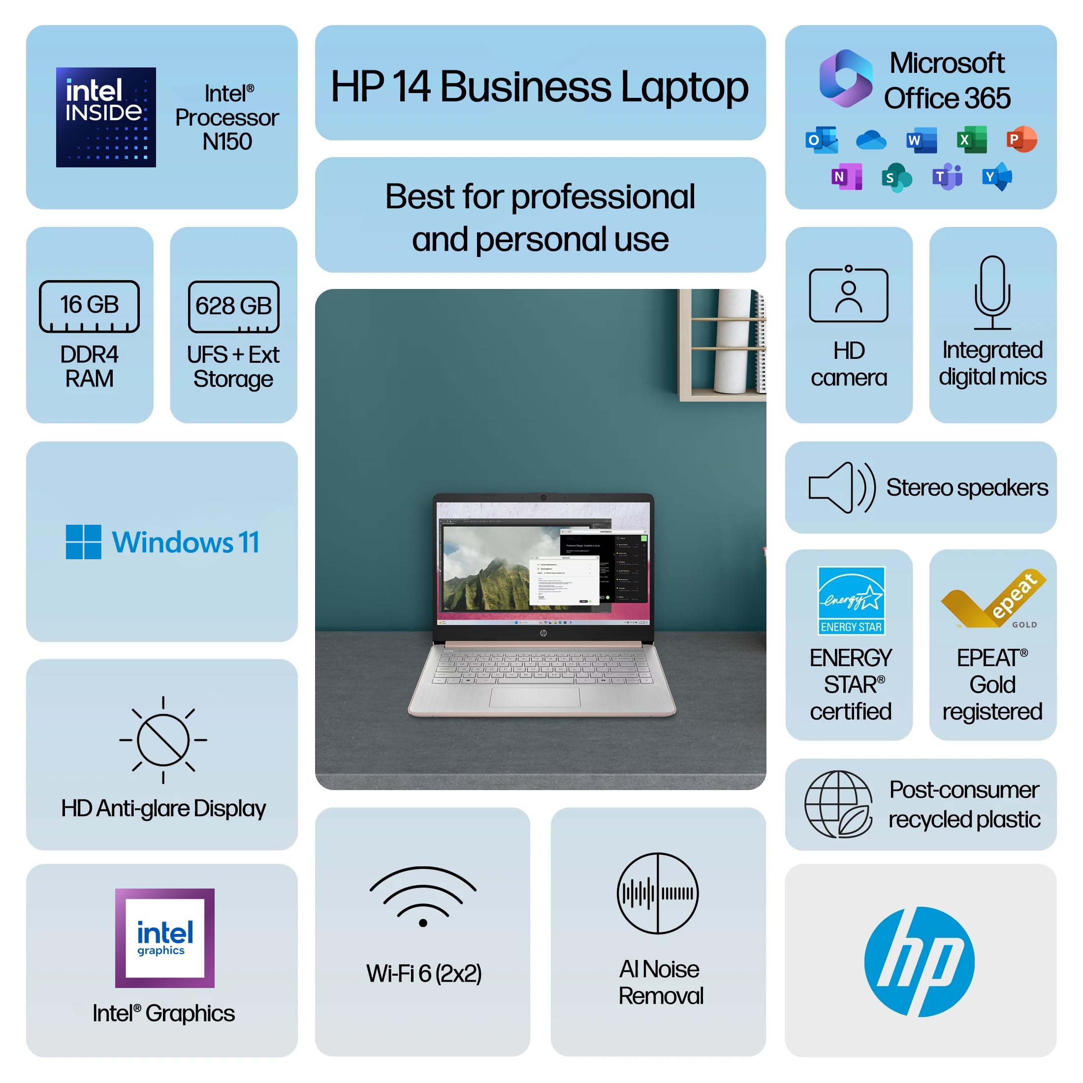 HP 14 Laptop Computer 2025 Ultra Light, AI Copilot Student Business, Quad-Core Intel, 16GB RAM, 628GB Storage (128GB UFS+ 500GB Ext), 1 Yr Office 365, 12 Hr Battery MarxsolAccessory Win 11S, Rose Gold