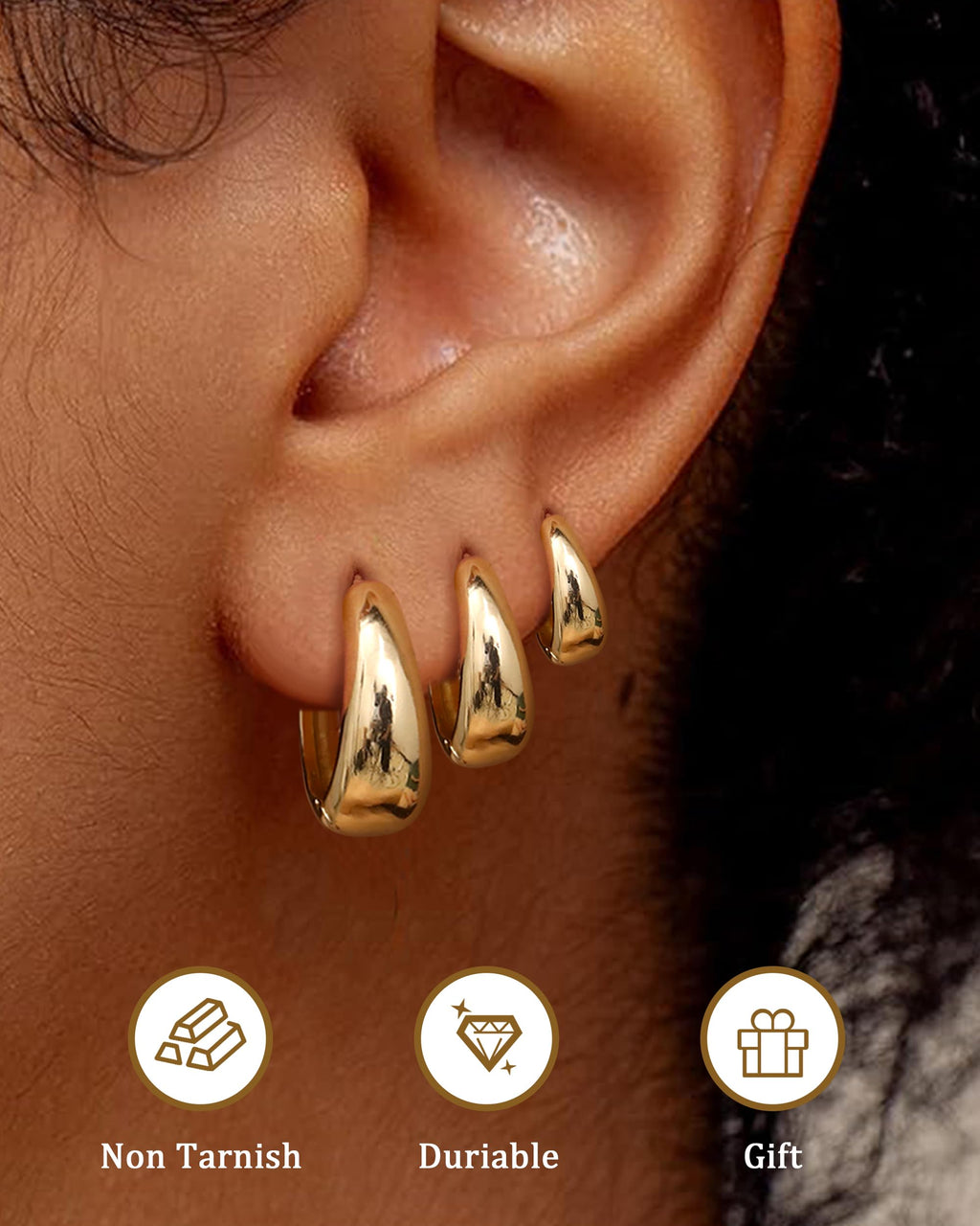 3Pairs 14K Gold Plated Hoop Earrings Set for Women Chunky Earring Silver Plated Hypoallergenic Small Huggie Hoops Lightweight Tiny Thick Trendy Hoop Earrings Stacks for Multiple Piercing(14k gold plated)