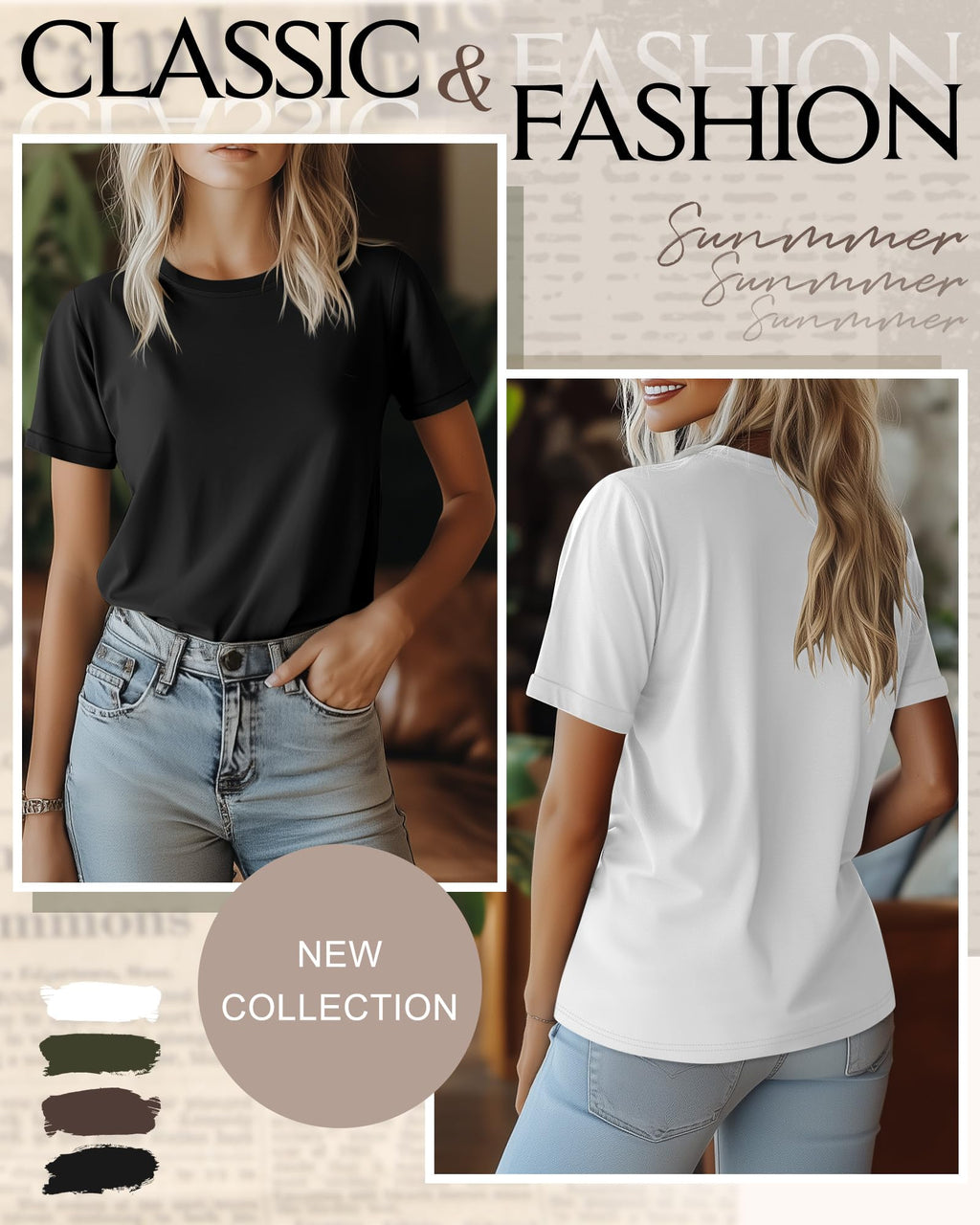 Ficerd 4 Pack Women's Cotton T Shirts Casual Short Sleeve Tunic Tops Crewneck Plain Summer Loose Fit Rolled Sleeve Basic Tee(Black, Dark Gray, Light Gray, White,Large)