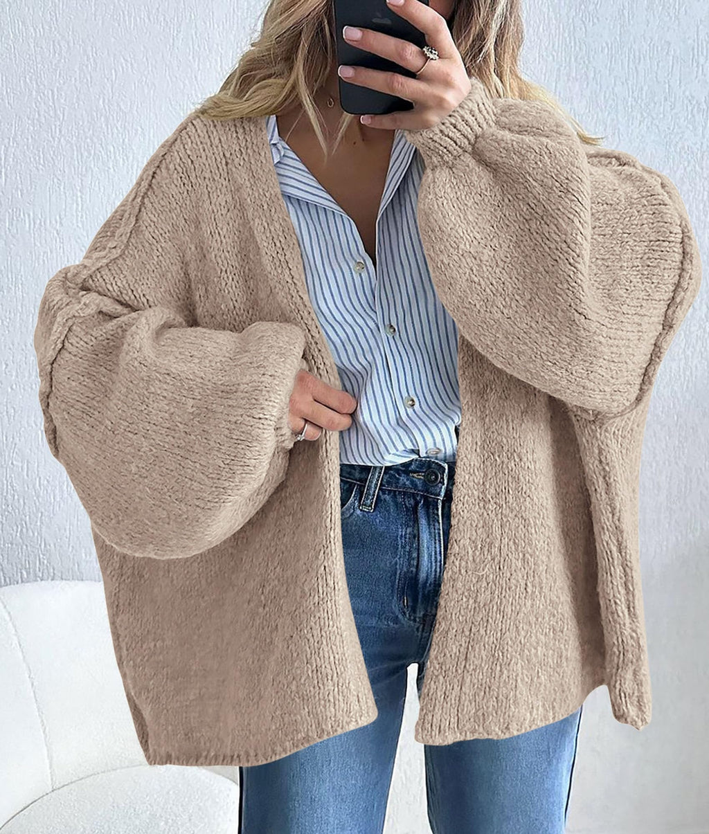 PRETTYGARDEN Womens Oversized Cardigan Sweaters 2025 Fall Long Lantern Sleeve Knit Open Front Lightweight Sweater (Grey Beige,Small)