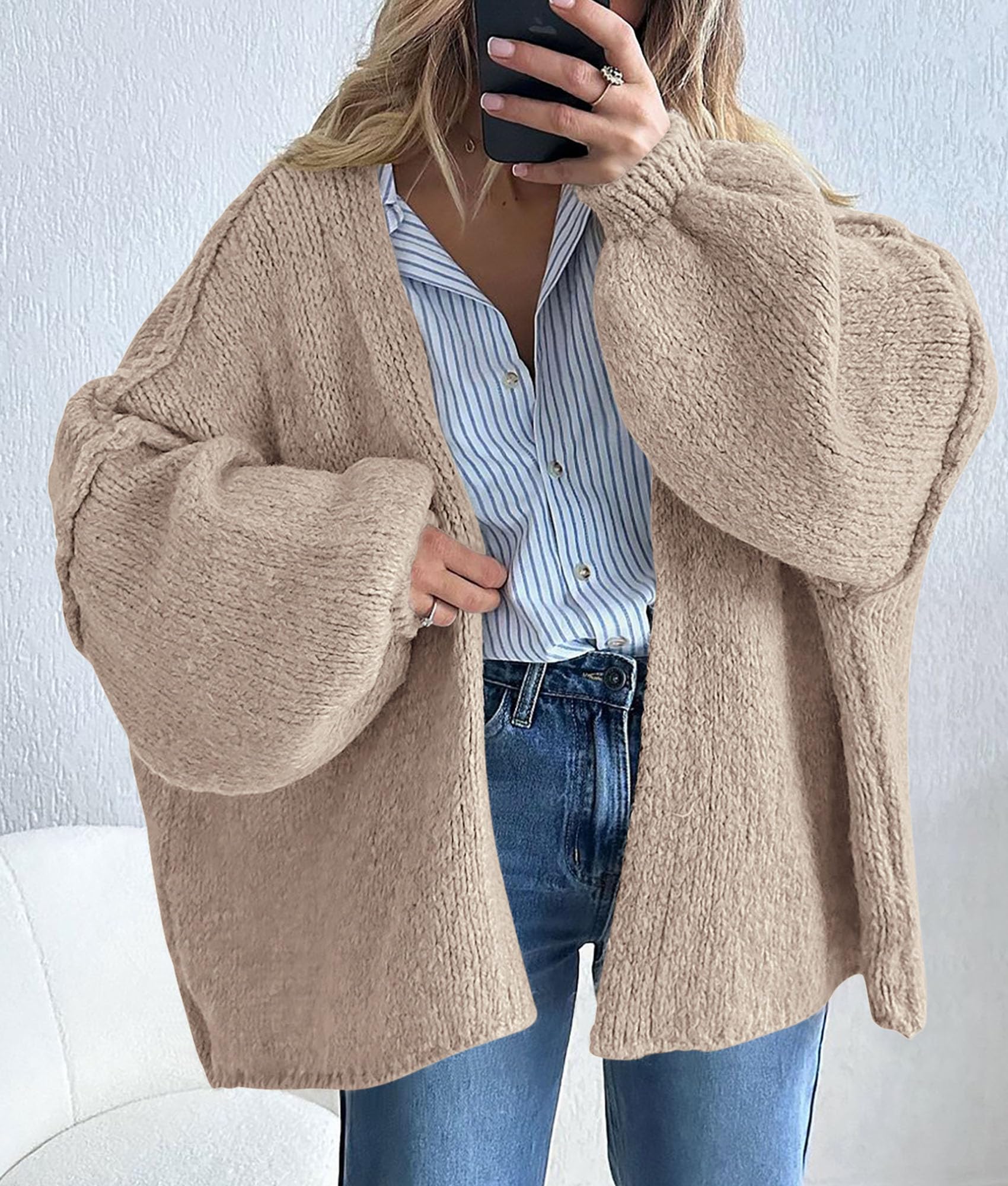 PRETTYGARDEN Womens Oversized Cardigan Sweaters 2025 Fall Long Lantern Sleeve Knit Open Front Lightweight Sweater (Grey Beige,Small)