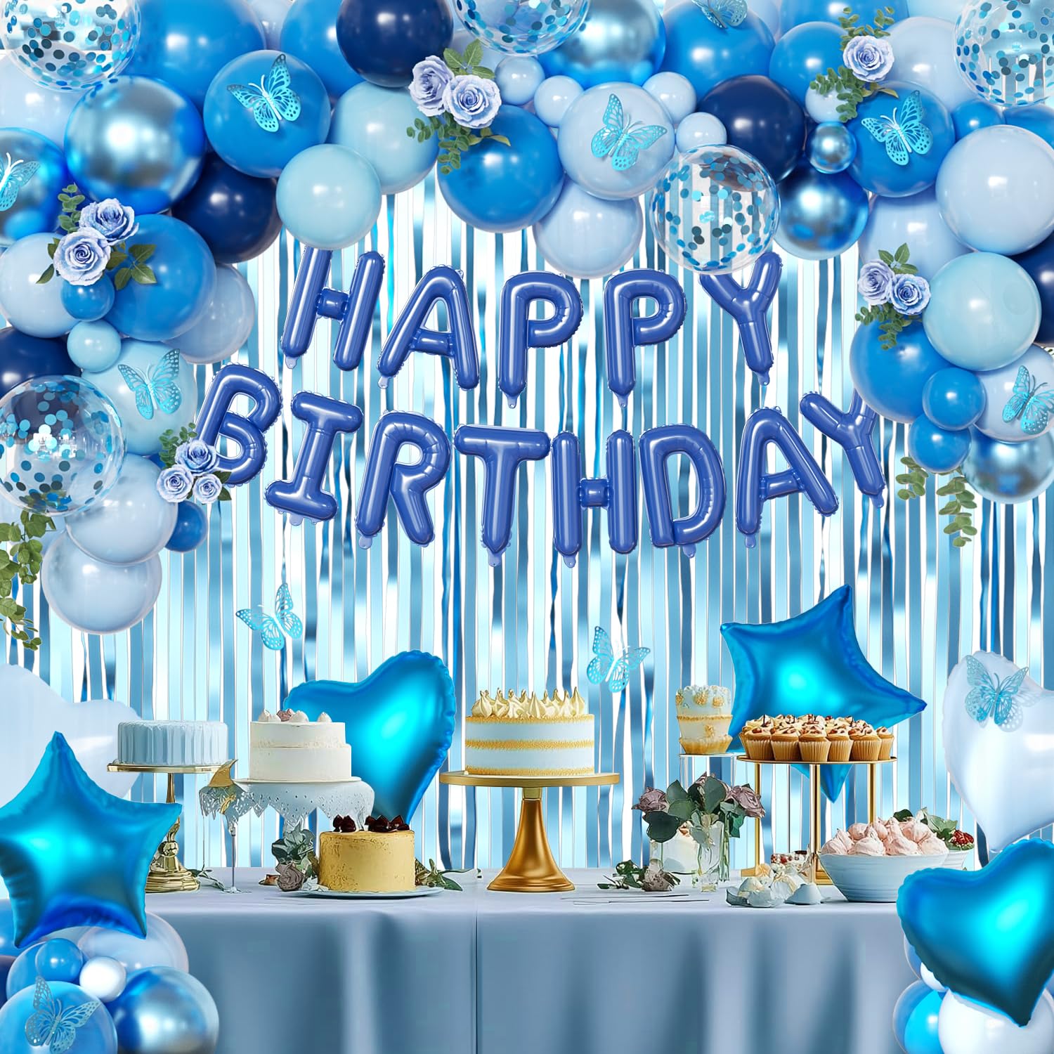 Navy Blue Birthday Decorations for Men Boys, Navy Blue Macaron Light Metallic Blue Confetti Balloons Happy Birthday Banner Butterfly Fringe Curtains for 21st 25th 30th Birthday Decorations