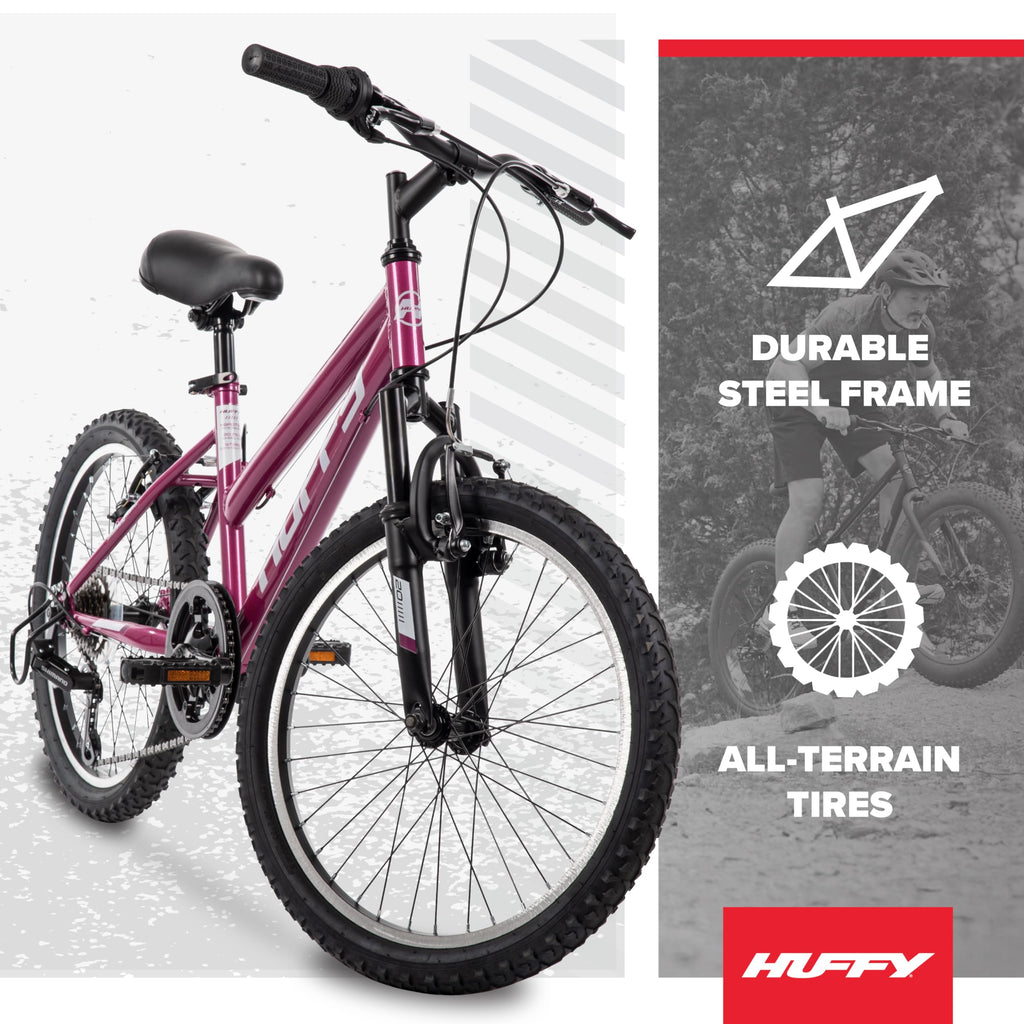 Huffy Stone Mountain Womens 20 Inch Mountain Bike, Orchid Gloss Frame, 6-Speed Shimano Twist Shifting, Front Suspension, Comfort Saddle | 20"/24"/26" Sizes, 6-21 Speeds, Dual Suspension Available