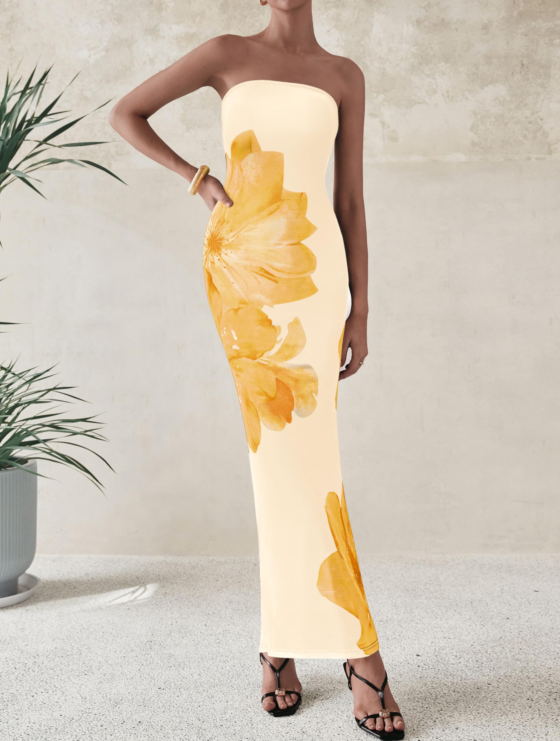 PRETTYGARDEN Women Summer Strapless Maxi Dress Bodycon Floral Sexy Long Wedding Guest Dress Formal Tube Mesh Cocktail Dresses(Yellow Flower,X-Small)