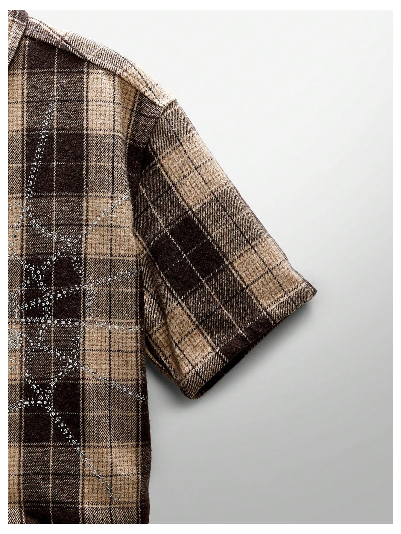 GORGLITTER Men's Gingham Cropped Shirt Button Up Y2K Rhinestone Short Sleeve Boxy Collared Plaid Streetwear Crop Tops Coffee Brown Small