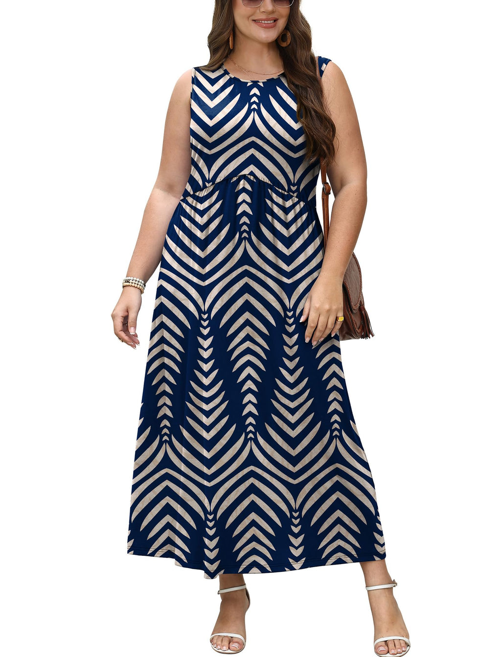 Casual Dresses for Women Long Maxi Sun Dresses Sleeveless Boho Summer Wedding Guest Dresses Formal Work Dress Empire Waist Beach Vacation Outfits Spring Fashion Clothing Cute XL Navy Print