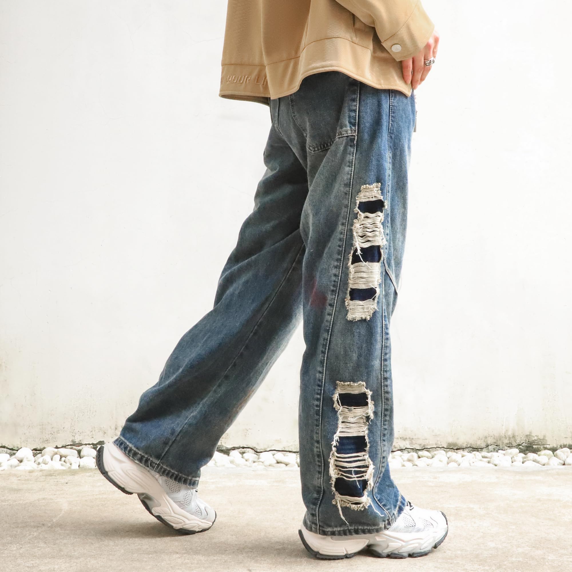 KODEIPLAY Barrel Baggy Jeans for Men y2k Mens Jeans Relaxed Fit Hip Hop High Waisted Long Trousers Loose Wide Leg Denim Pants