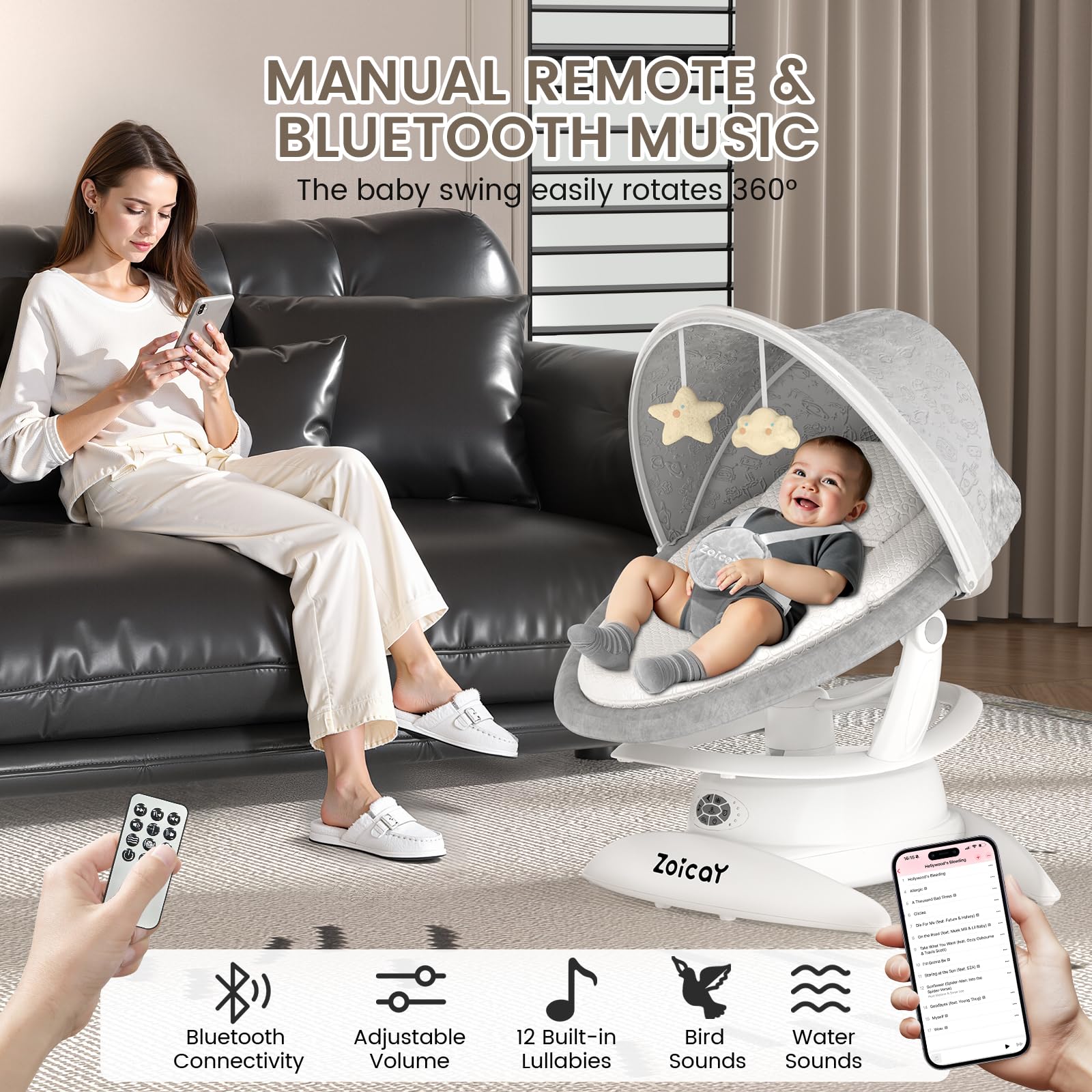 3-in-1 Baby Swing for Infants with Motion Detection, Infant Swing with 5 Speeds & 3 Swing Modes, 12 Lullabies, Electric Swing for Baby, Up to 25 lbs, White