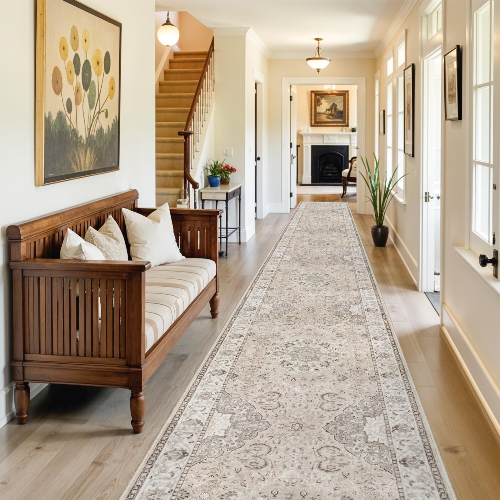 Washable Hallway 3x18 Runner Rug: Vintage Ultra Soft Non Slip Runner for Kitchen Entrance Indoor Farmhouse Long Carpet for Living Room Bathroom Low Pile Floor Mat for Bedroom Dining Room (3X18, Beige)