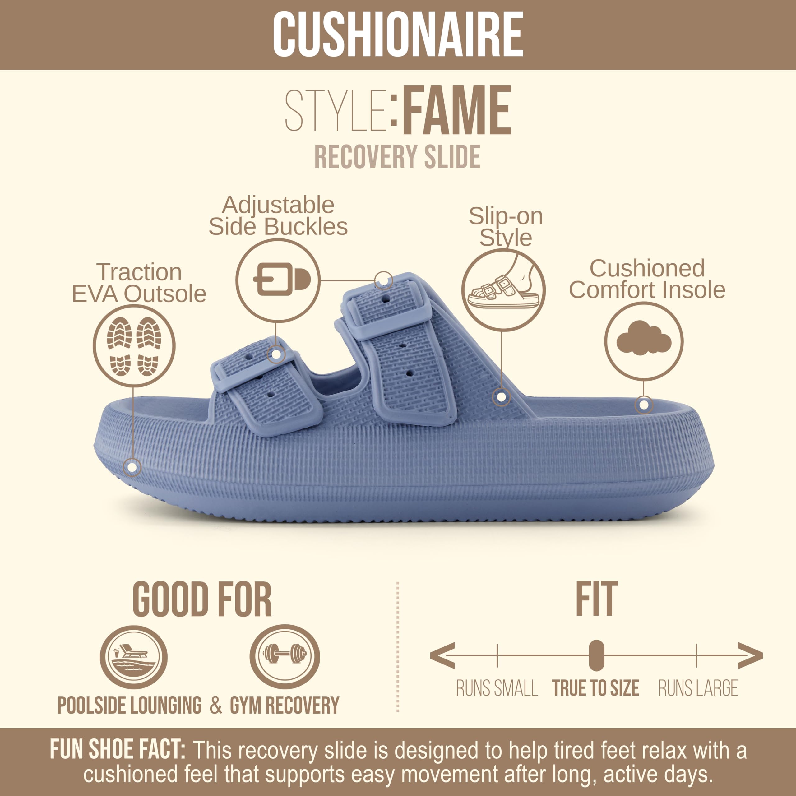CUSHIONAIRE Fame Pillow Recovery Sandals for Women, Adjustable Double Buckle Waterproof EVA Cloud Slides for Women, BLUE 5