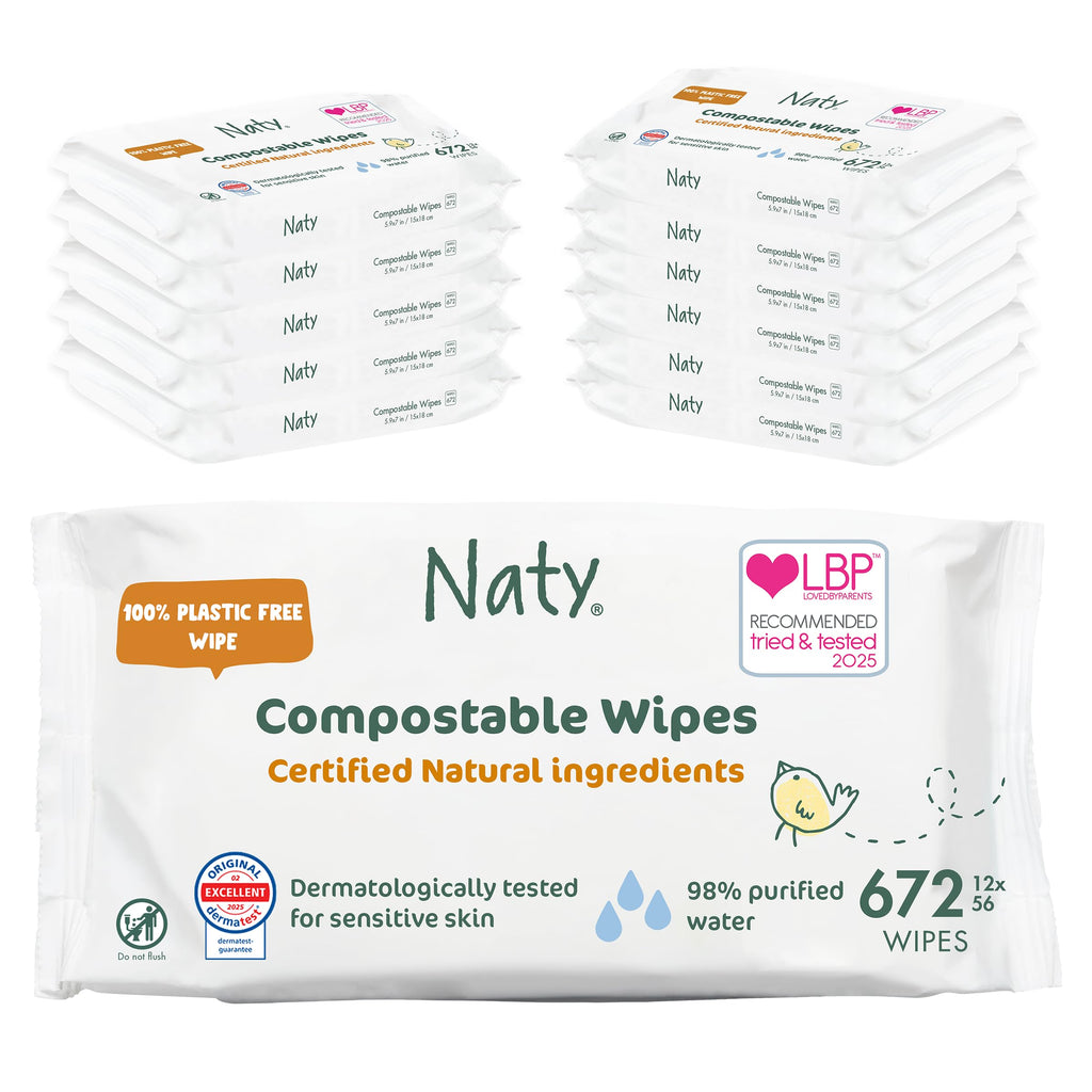 Naty Baby Wipes | 98% Water, Hypoallergenic & Natural for Sensitive Skin | Unscented, Plant-Based, Fragrance-Free | Plastic-Free & Compostable | Newborn & Toddler Diaper Wipes | 672 Count (12 Packs)