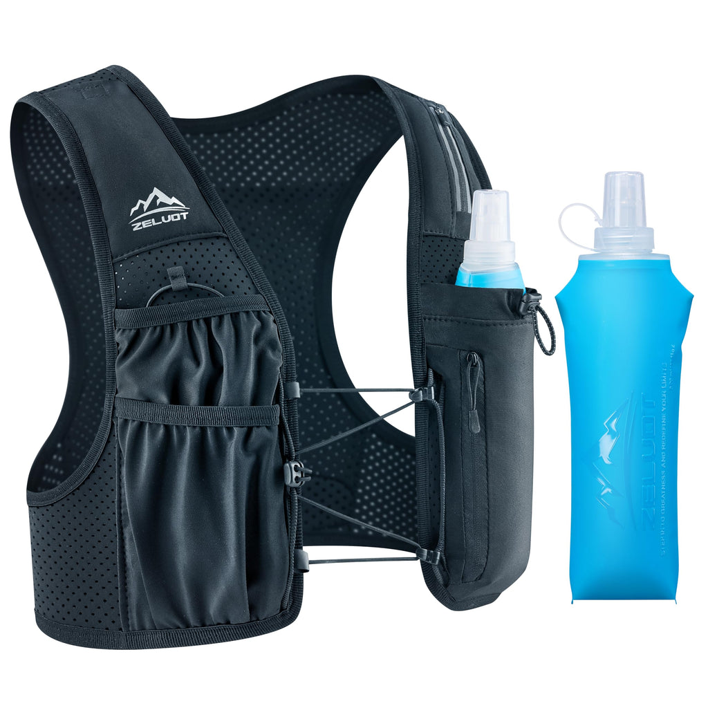 Zelvot Running Vest for Women Men, USA Original Patent, Adjustable Chest Straps Running Hydration Vest with 500ml Soft Flask, Lightweight Reflective Hydration Backpack for Hiking Marathon (Black, M/L)
