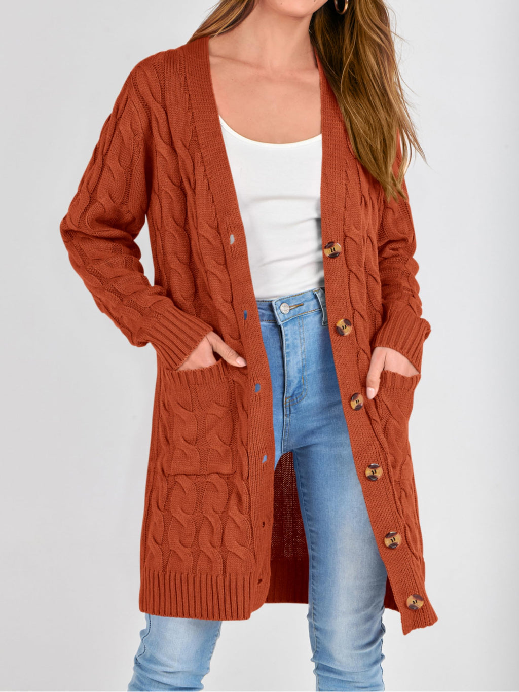 PRETTYGARDEN Long Sleeve Cable Knit Long Cardigan for Women 2026 Spring Winter Chunky Open Front Button Sweaters with Pockets(Caramel,Small)
